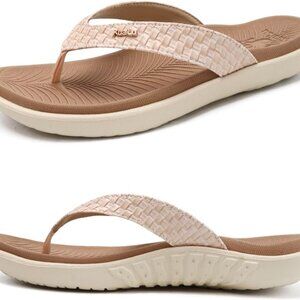 Women's Leather Flip Flops Arch Support Yoga Mat Casual Slip On Sandals